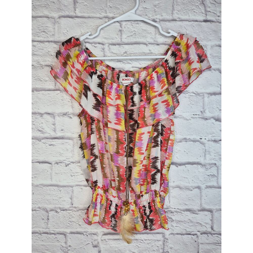 Bongo Boho Off the Shoulder Ruffle Top Large Y2K Festival Feather Chevron Ikat.